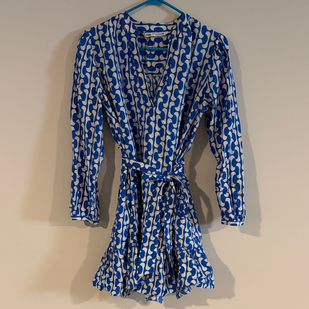 Zara The Paula Blue and White Long Sleeve Mini Dress